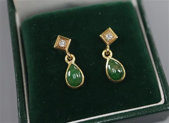 A pair of 18ct gold, jadeite and diamond drop ear studs, overall 18mm.